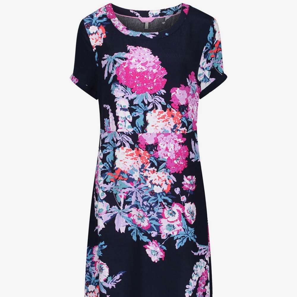 Joules -Size 10 brightly colored dress.  Navy with flowers. 100% Viscose.